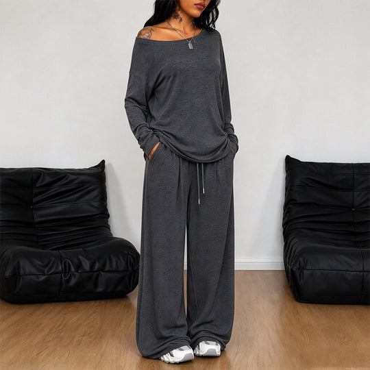 Women's Off-Shoulder Long Sleeve Top & Wide-Leg Pants Set