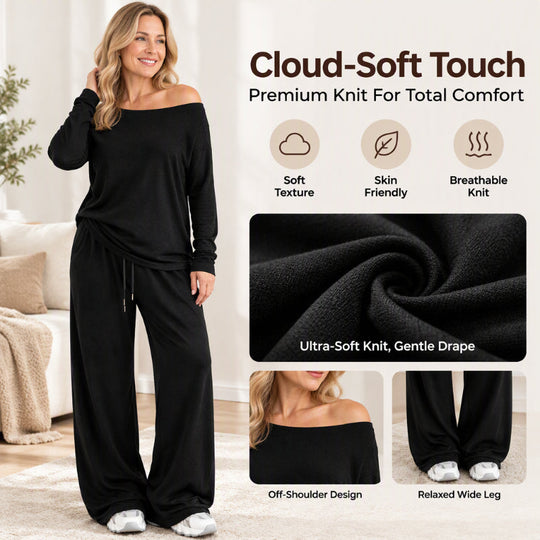 Women's Off-Shoulder Long Sleeve Top & Wide-Leg Pants Set