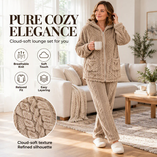 🧶 Cloud-Soft Warmth, Easy Coordinated Comfort | Women's Plush Cable Knit Hooded Jacket & Pants Set