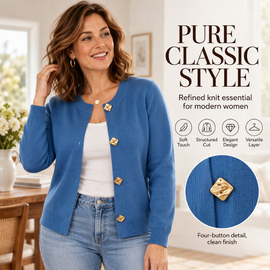 ✨ Eye-Catching Button Accents, Soft Touch Comfort | Women's Chic Crewneck Knit Cardigan with Gold Buttons
