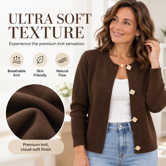 ✨ Eye-Catching Button Accents, Soft Touch Comfort | Women's Chic Crewneck Knit Cardigan with Gold Buttons