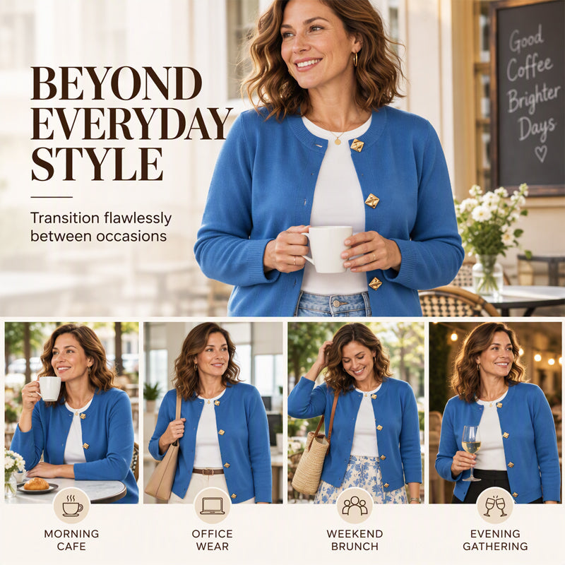 ✨ Eye-Catching Button Accents, Soft Touch Comfort | Women's Chic Crewneck Knit Cardigan with Gold Buttons
