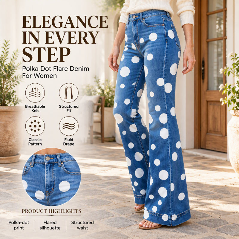 Women's High-Waisted Polka Dot Flared Jeans