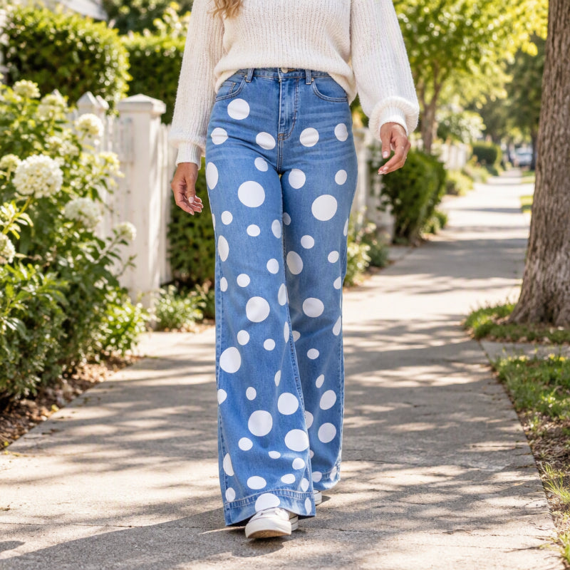 Women's High-Waisted Polka Dot Flared Jeans
