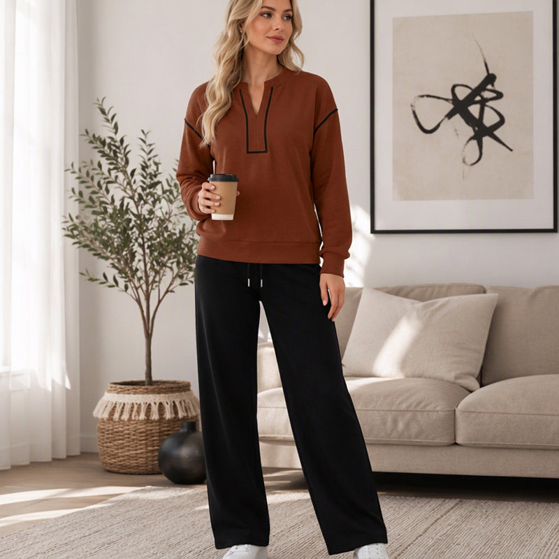 🔥Black Friday Sale -Up to 50% OFF!🍂Women's Long Sleeve Half-Zip Top & Wide-Leg Pants Set