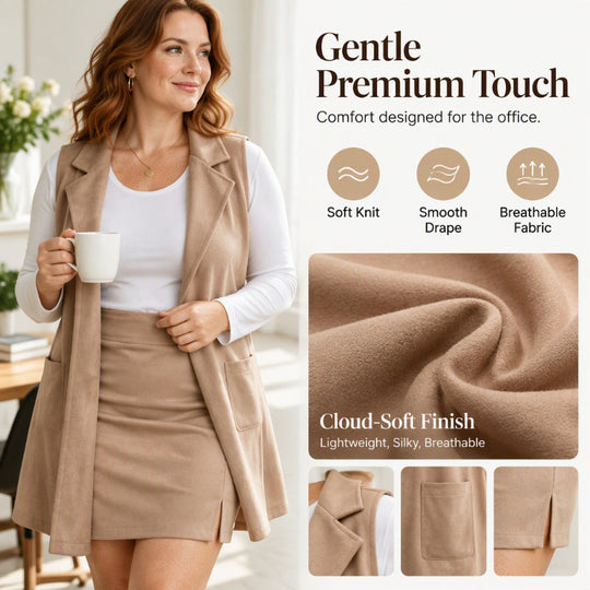 🧥 Polished Layered Look, Leg-Elongating Proportion | Women's Lapel Open Front Long Vest and Mini Skirt Set