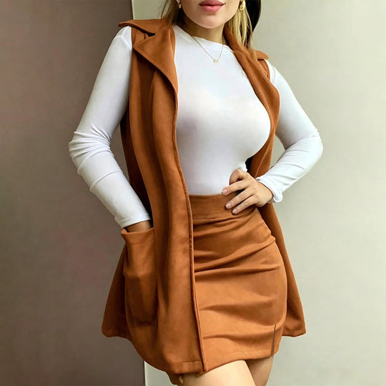 🧥 Polished Layered Look, Leg-Elongating Proportion | Women's Lapel Open Front Long Vest and Mini Skirt Set